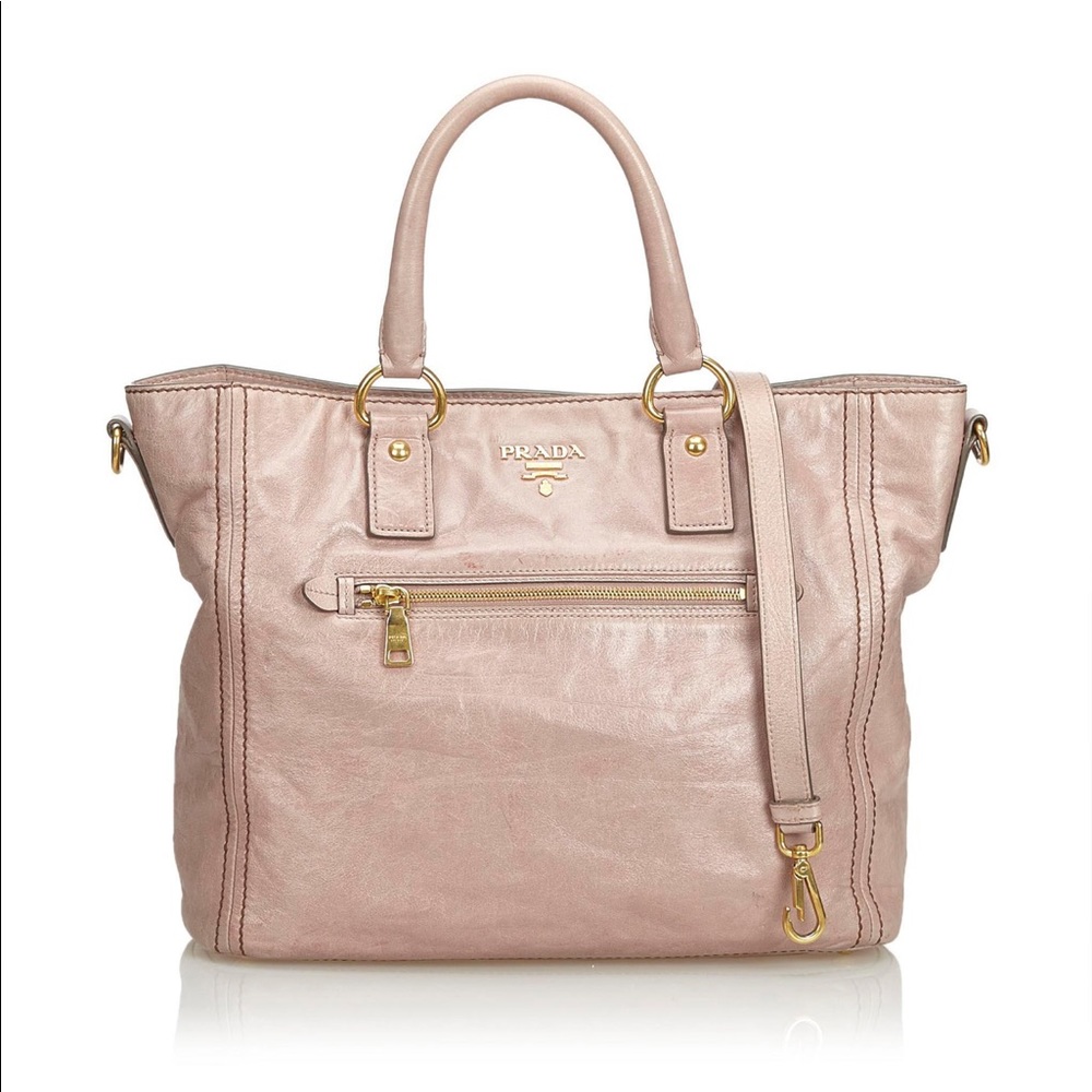 Prada Pink Beige Leather Satchel Large Bag